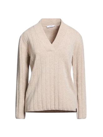 Light Beige Mock Collar Ribbed Knit Sweater